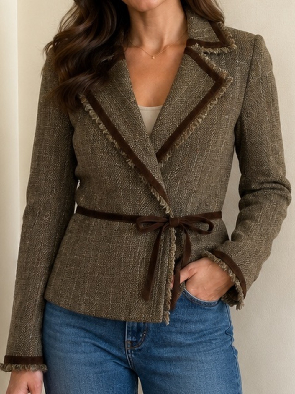 Donna Degnan vintage brown tweed jacket blazer size 2 bow detail frayed edges